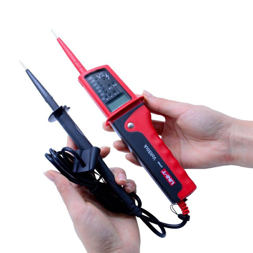 The UNI-T UT15C waterproof continuity tester powered on and ready for basic electrical testing with safety probe caps removed.