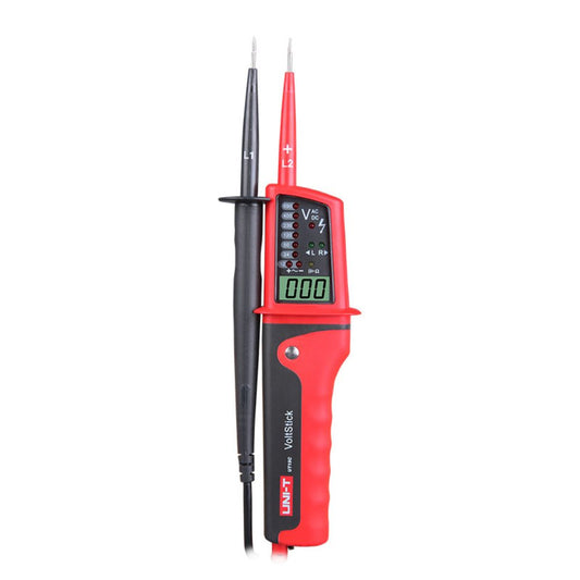 Front view of the UNI-T UT15C waterproof voltage and continuity tester showing the ergonomic IP65-rated housing and safety test probes.