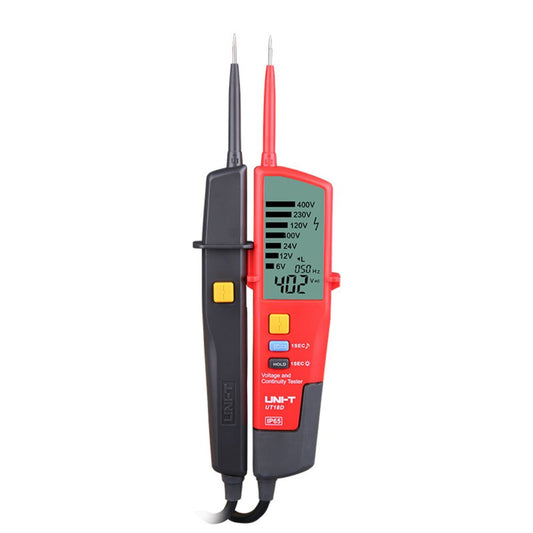 Front view of the UNI-T UT18D digital voltage and continuity tester, showcasing the clear LCD display and robust safety test probes.