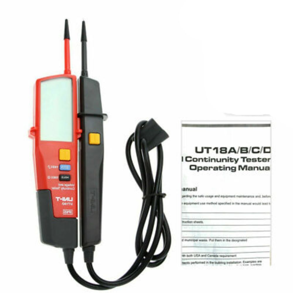 Complete packaging set of the UNI-T UT18D heavy duty continuity tester, including the 2-pole electrical diagnostic device, batteries, and user manual.