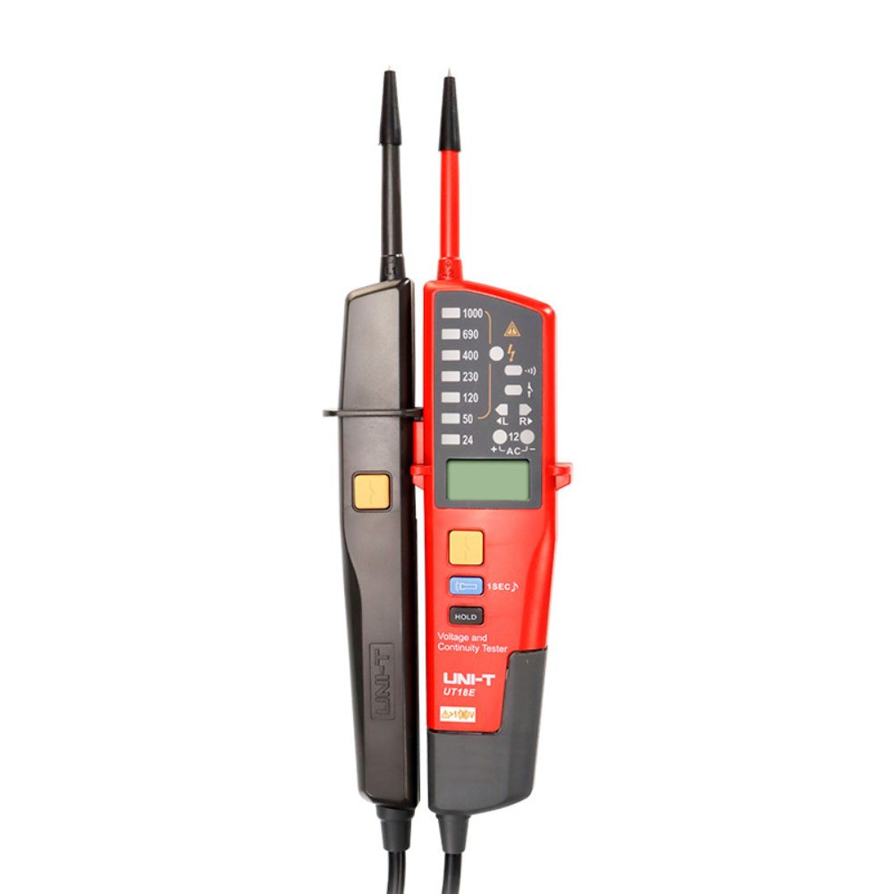 Front view of the UNI-T UT18E 1000V professional voltage and continuity tester featuring the dual LED and LCD display for high voltage diagnostics.