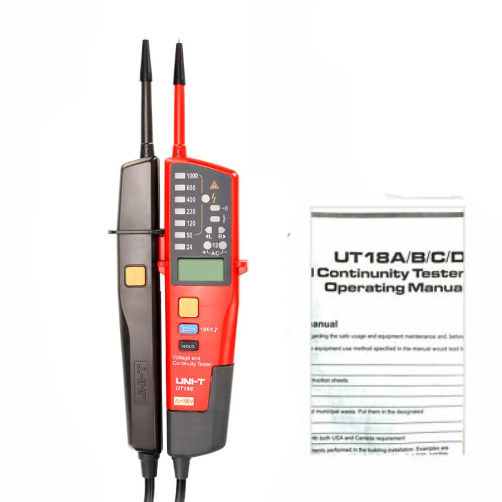 Complete package of the UNI-T UT18E commercial electric continuity tester, including the 1000V diagnostic device, AAA batteries, and English user manual.