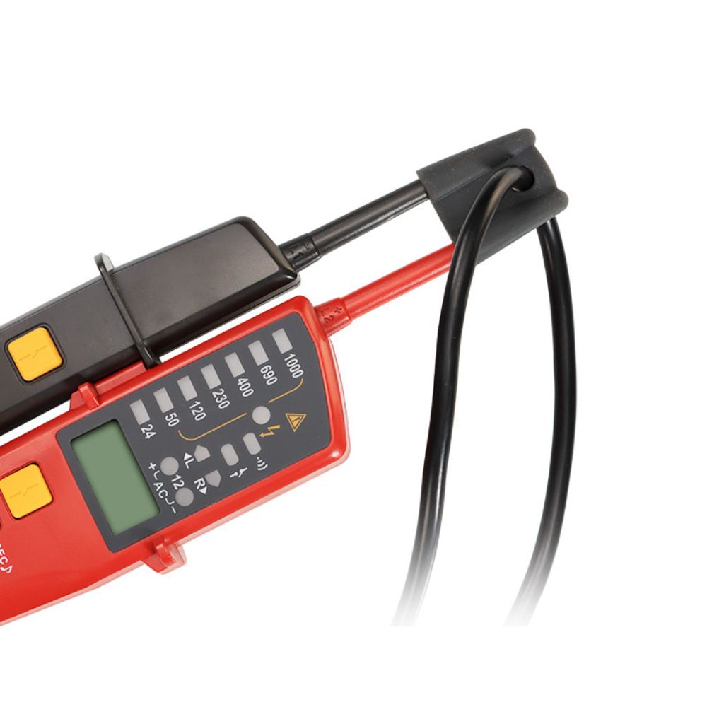 Close-up of the heavy-duty test probes on the UNI-T UT18E continuity tester, rated for safe CAT III 1000V and CAT IV 600V industrial applications.