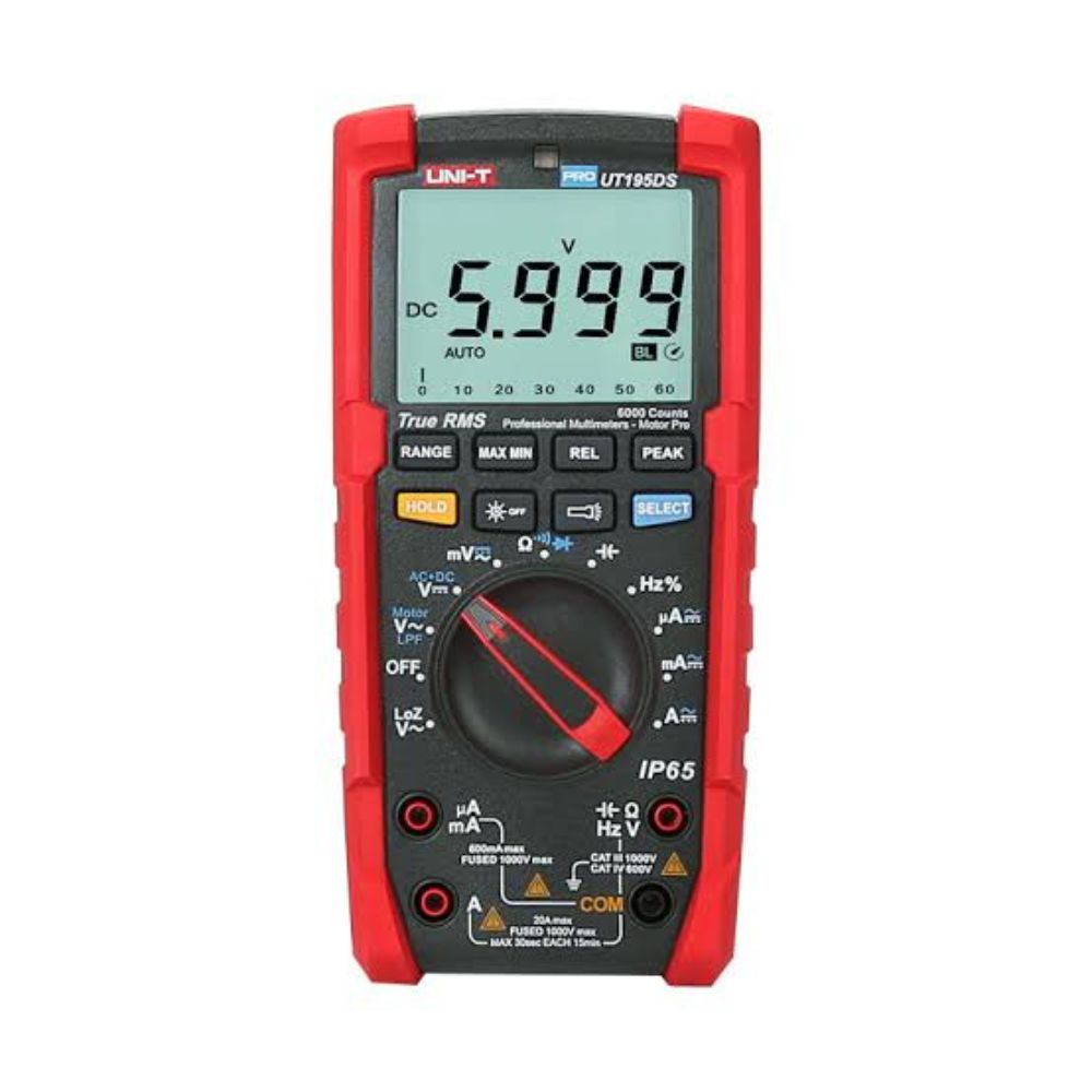 UNI-T UT195DS dual display multimeter with low-pass filter front view showing 6000-count LCD, rotary dial and test terminals