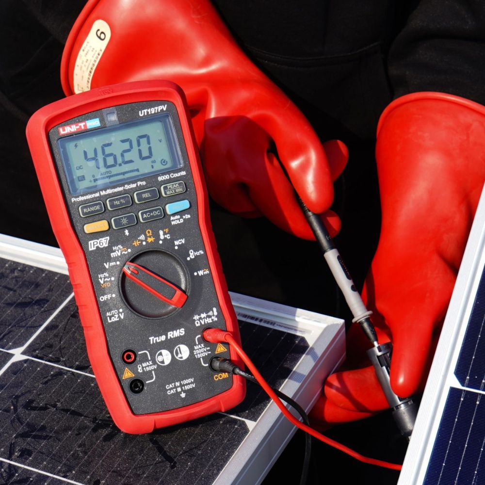 UNI-T UT197PV Solar Pro Digital Multimeter testing solar panel voltage and power output under sunlight - IP67 rugged multimeter for photovoltaic system analysis Sri Lanka.