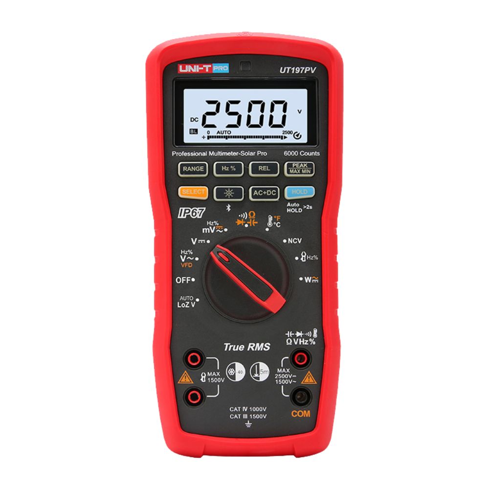 UNI-T UT197PV Professional Multimeter Solar Pro front view with 6000-count display and rugged IP67 housing - Industrial solar power testing multimeter Sri Lanka.