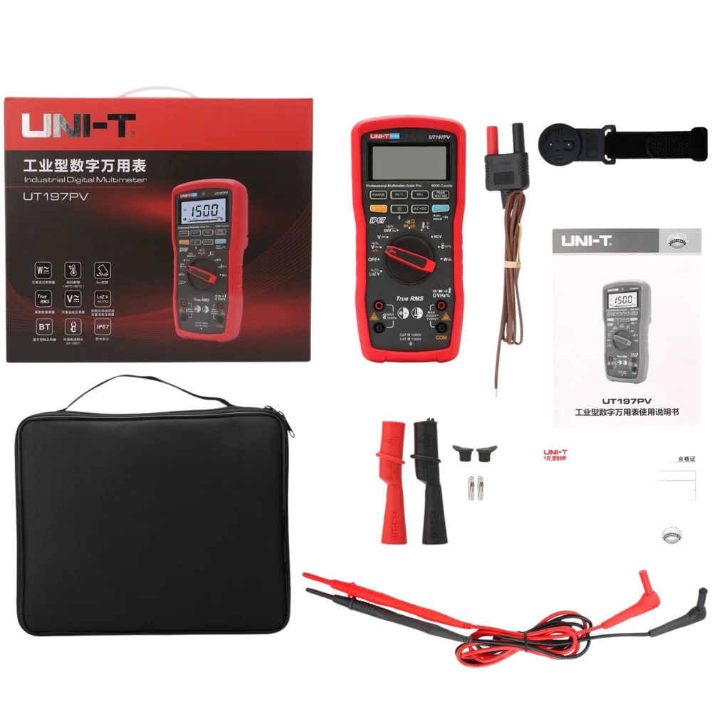 UNI-T UT197PV Solar Pro Rugged Professional Digital Multimeter complete package set with test leads, temperature probe, USB cable, batteries and carrying case - IP67 industrial solar testing multimeter Sri Lanka.