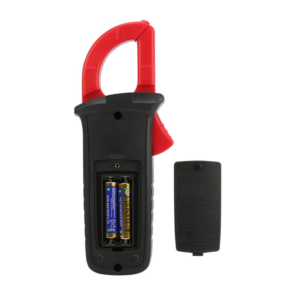 UNI-T UT200B+ Clamp Meter back view battery compartment with 2x AAA batteries - easy battery replacement for continuous AC current testing, voltage measurement in electrical maintenance & fieldwork