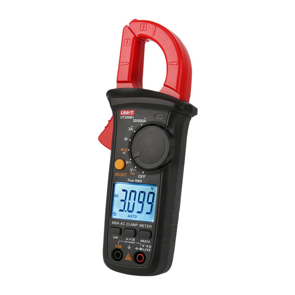 UNI-T UT200B+ Digital Clamp Meter closeup showing 28mm jaw, function buttons, 3000-count LCD display - compact AC/DC clamp-on ammeter, current tongs for live wire measurement without disconnection