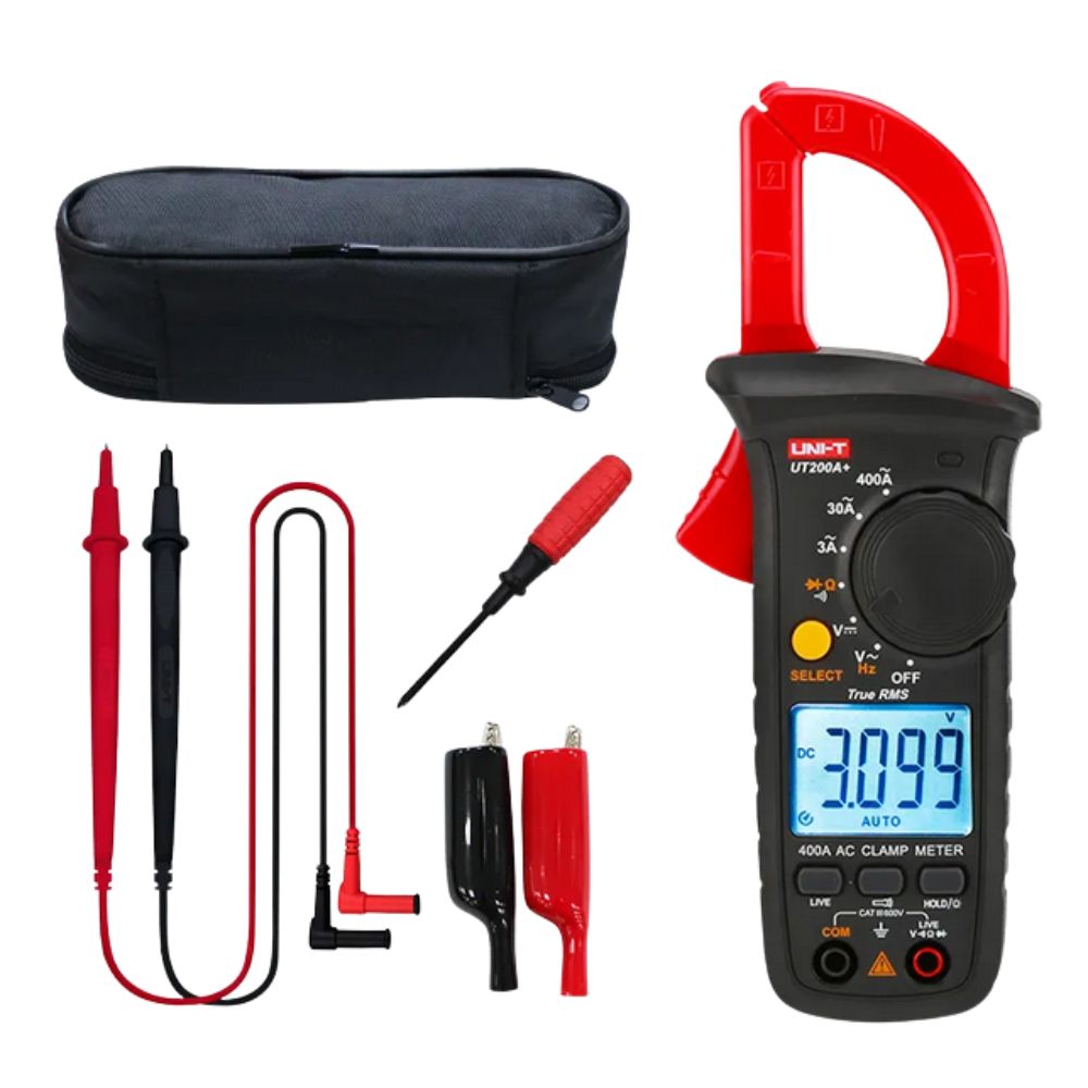 UNI-T UT200B+ Digital Clamp Meter full kit with test leads, screwdriver, carrying pouch, crocodile clips - complete AC 600A True RMS clamp meter set for electrical troubleshooting & field service