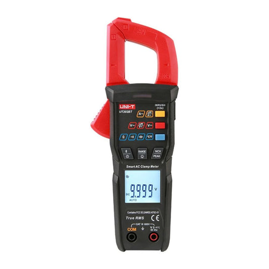 UNI-T UT202BT Bluetooth smart clamp meter front view showing 9999-count dual display, 28mm jaw, and control buttons
