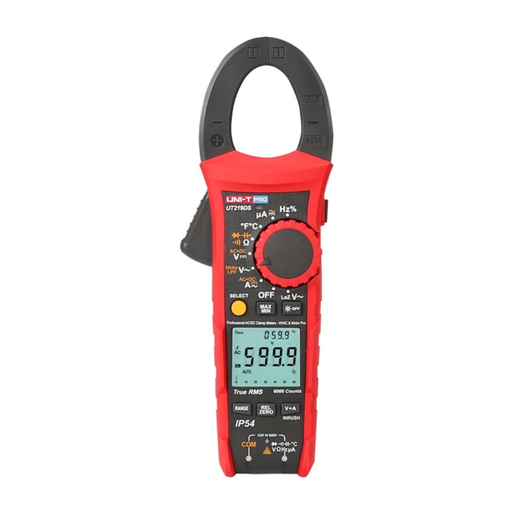 UNI-T UT219DS digital clamp meter front view showing 600A True RMS AC/DC display and rotary dial