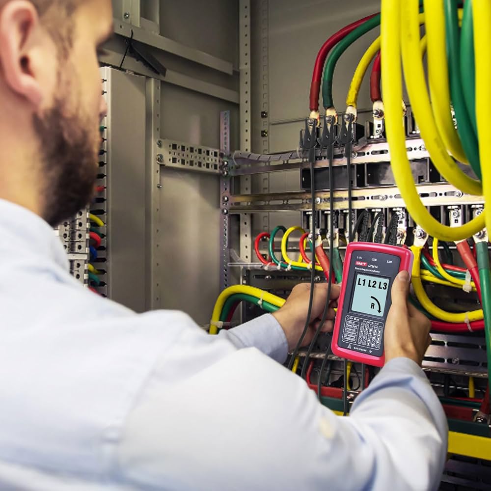 UNI-T UT261A Phase Rotation Tester connected to large electrical panel, display showing measurements