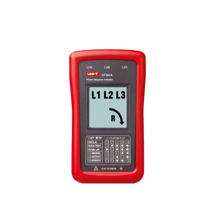 UNI-T UT261A Phase Rotation Tester front view with power on, no test leads (front view)