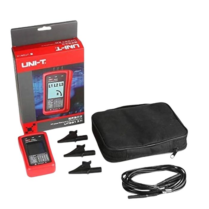 UNI-T UT261A Phase Rotation Tester kit: test leads, clips, soft carrying pouch, official retail box