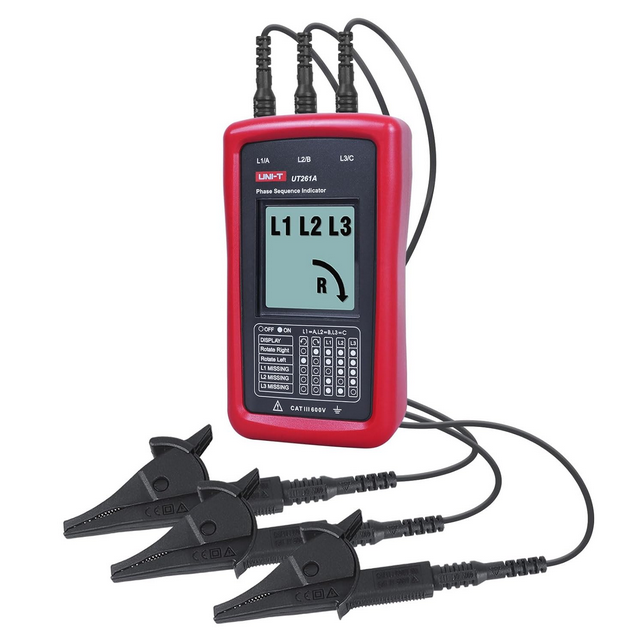 UNI-T UT261A Phase Rotation Tester with connected test leads and clips