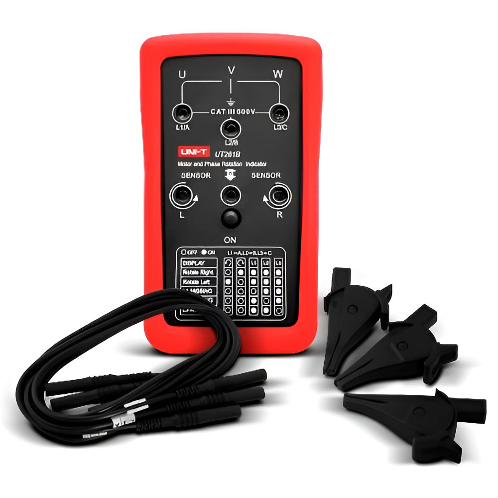 UNI-T UT261B electrical rotation meter displayed with all its standard accessories, including test leads and heavy-duty alligator clips.