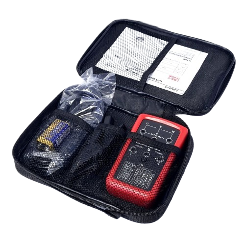 The complete UNI-T UT261B motor and phase rotation indicator kit, neatly organized inside its protective carrying case.