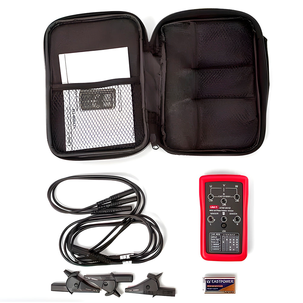 Full package contents for the UNI-T UT261B three-phase sequence meter, including the device, battery, leads, and carrying pouch.