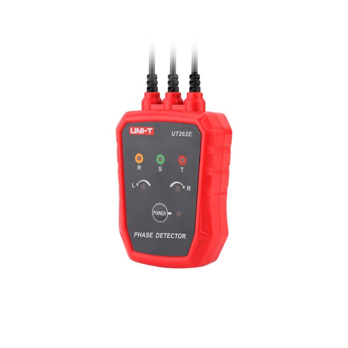 The UNI-T UT262E phase rotation tester powered off, close-up front view showing only the main unit without test leads.