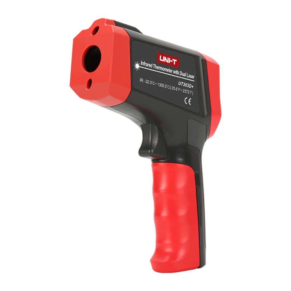 UNI-T UT303D+ dual laser infrared thermometer 1300°C side view showing ergonomic pistol-grip housing and trigger lock