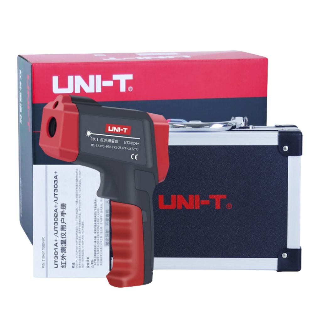 UNI-T UT303D+ high-range 1300°C infrared thermometer complete package contents including unit, battery, carrying bag and manual