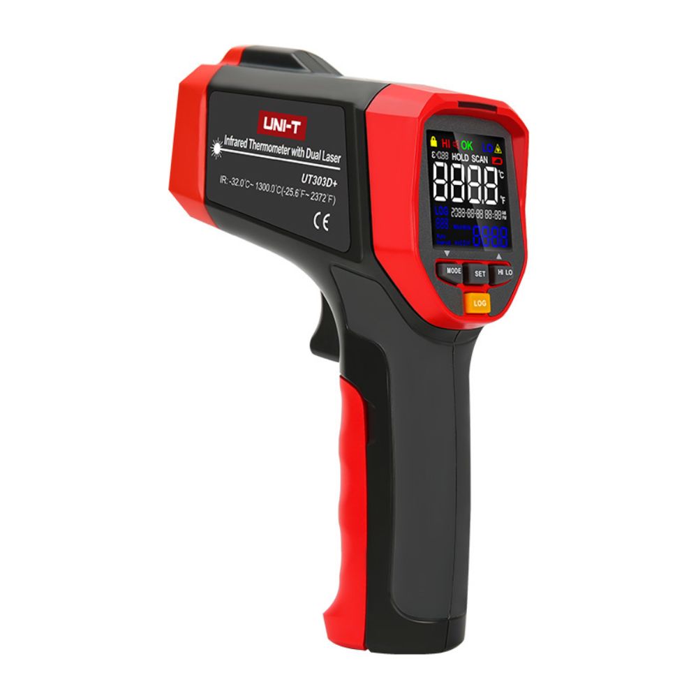 UNI-T UT303D+ infrared thermometer 1300°C with 99-set data logger front view showing colour EBTN display