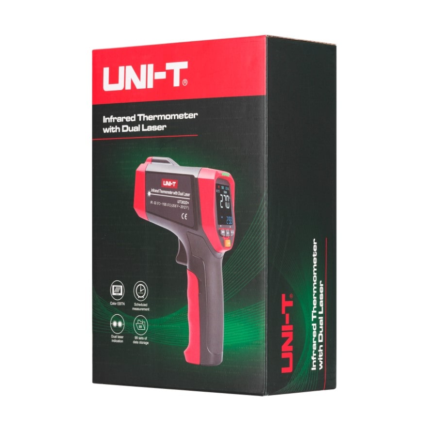 The official retail packaging for the UNI-T UT305S professional industrial infrared thermometer, showing the distinct branding, product specifications, and high-temperature measurement capabilities on the box.