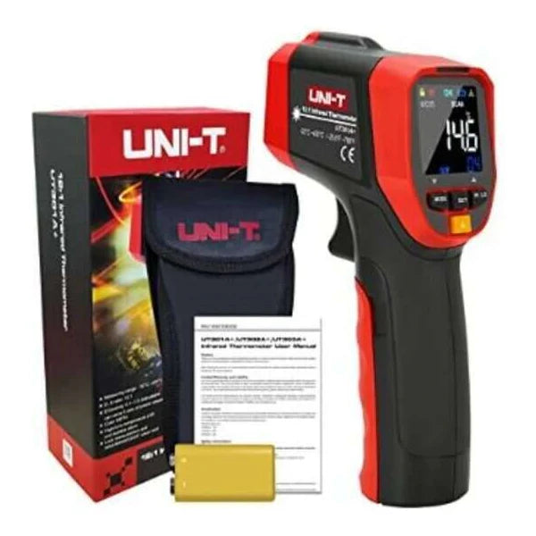 Complete UNI-T UT305S professional pyrometer kit, including the laser temperature gun, a protective carrying pouch, the official retail box, a 9V battery, a user manual, and a calibration certificate for industrial quality assurance.