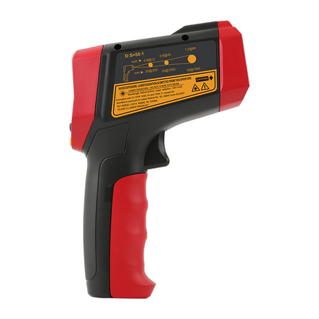 Side profile of the rugged UNI-T UT305S temperature gun, highlighting the printed 50:1 distance-to-spot (D:S) ratio, which enables precise, long-range temperature measurements in demanding industrial settings.