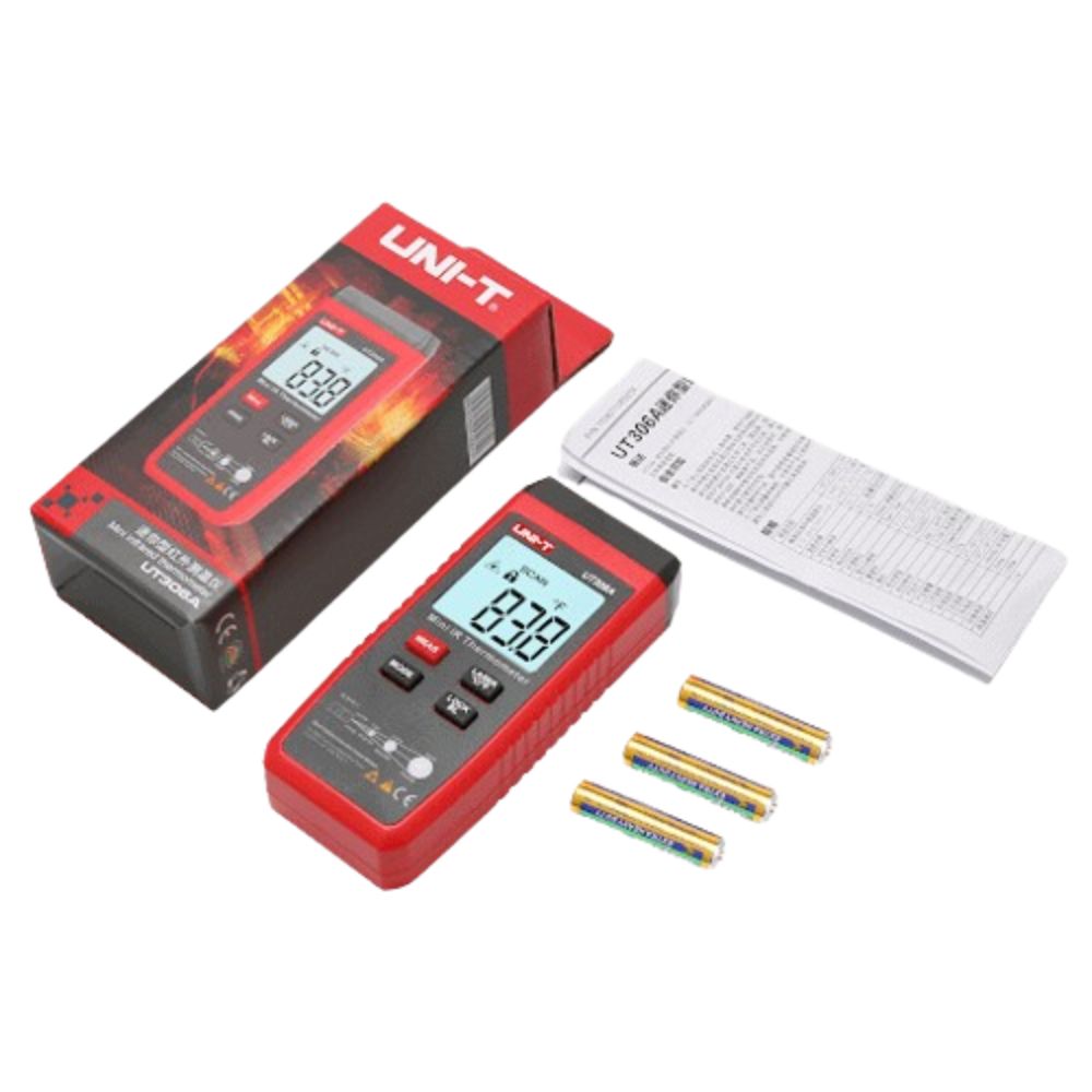 Complete UNI-T UT306A Infrared Thermometer kit contents including digital laser pyrometer, user manual, 3xAAA batteries, and official retail packaging