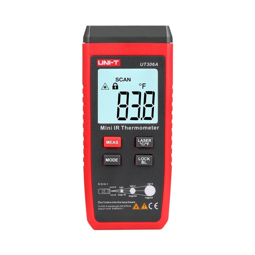Front view of UNI-T UT306A Mini Infrared Thermometer showing backlit LCD display with 83.8°F non-contact temperature reading for quick HVAC and home safety checks