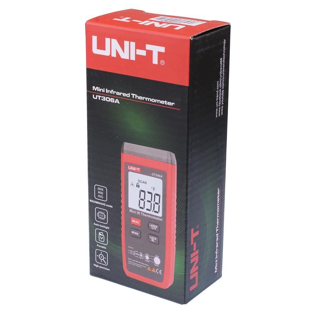 Official retail packaging box for UNI-T UT306A Mini Infrared Thermometer, suitable for electrical, automotive, and food safety temperature monitoring applications