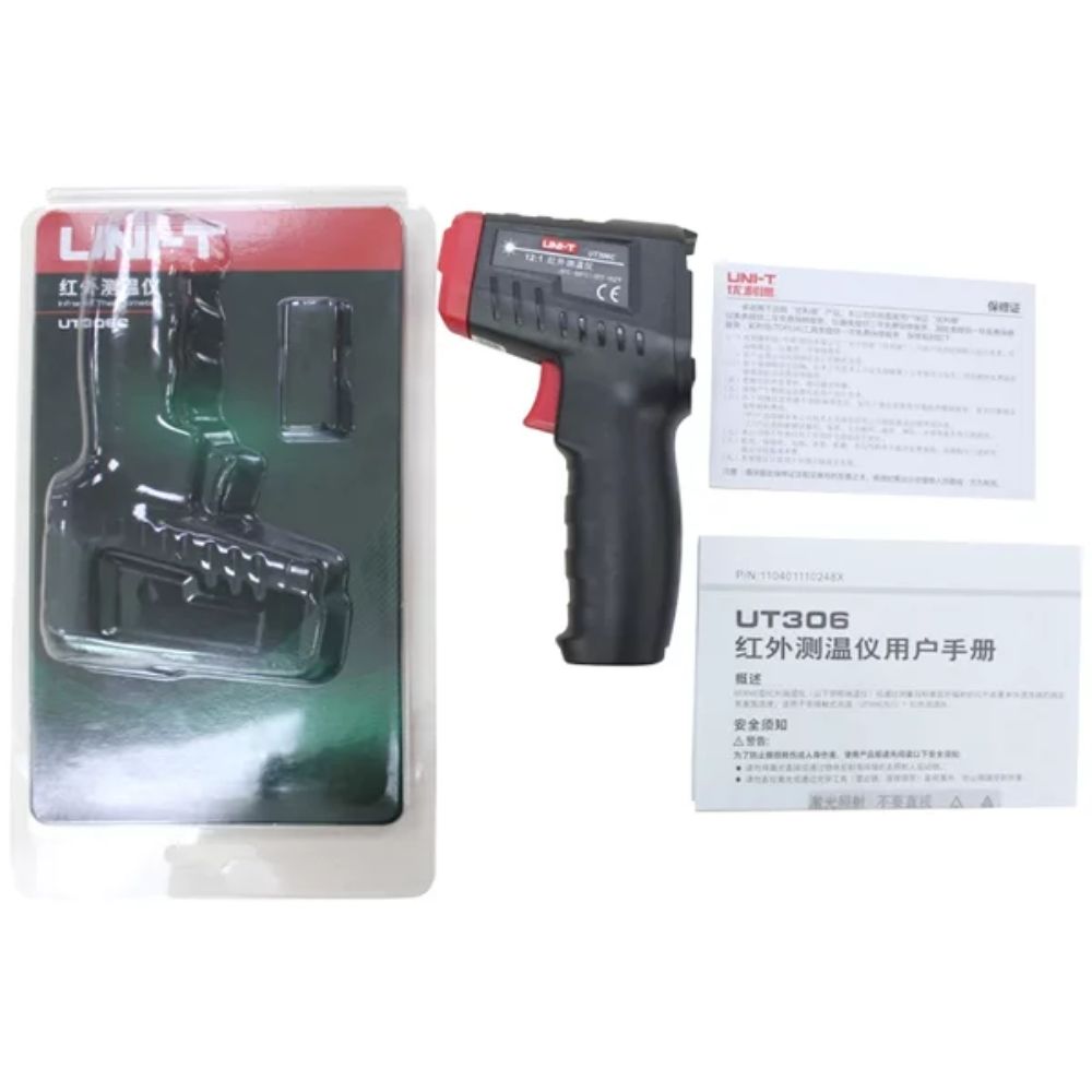 UNI-T UT306S non-contact infrared thermometer complete package contents including unit, batteries and manual