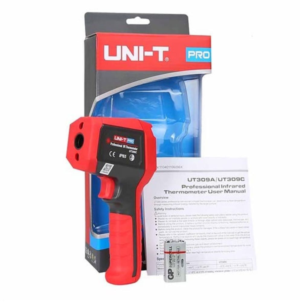 UNI-T UT309C IP65 professional infrared thermometer complete package contents including unit, battery, carrying bag and manual