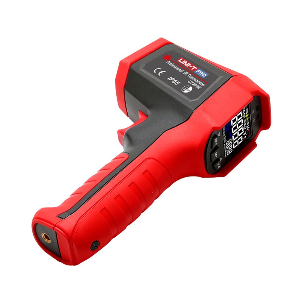 UNI-T UT309E IP65 3m drop proof infrared thermometer side view showing rugged housing and colour EBTN display