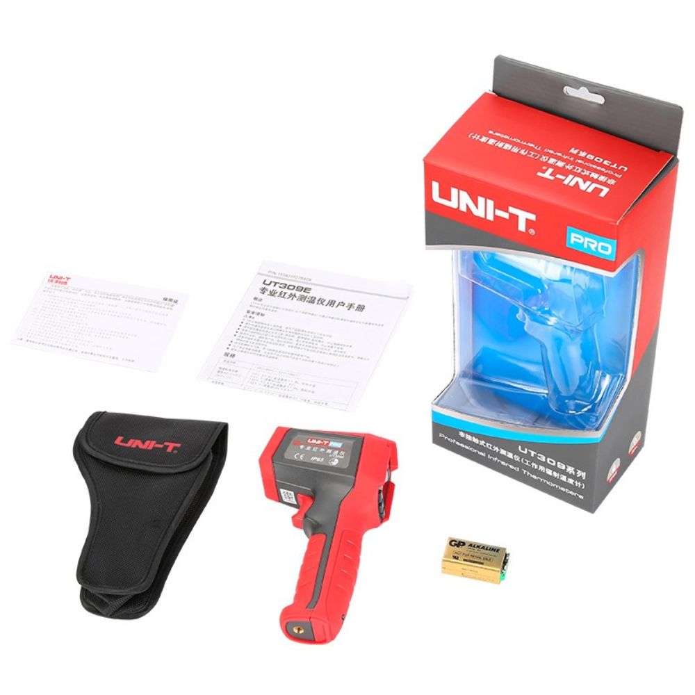 UNI-T UT309E IP65 infrared thermometer with 99-set data logger complete package contents including unit, battery, carrying bag and manual