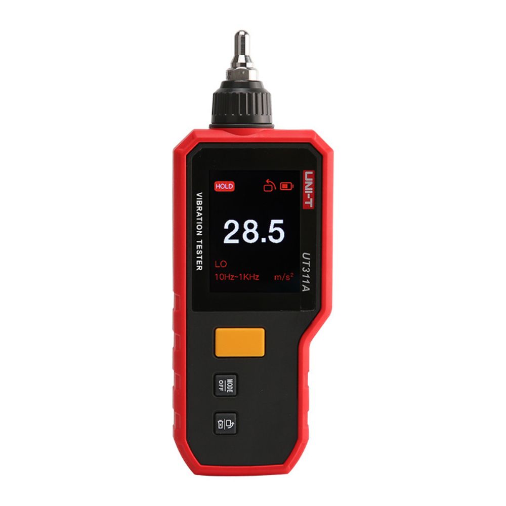 Front view of the UNI-T UT311A handheld vibration tester, displaying the clear digital LCD screen and simple measurement buttons for fast machine condition checks.