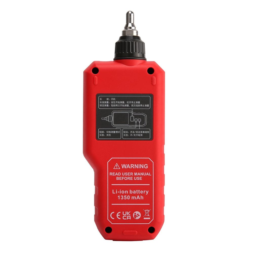 Back view of the UNI-T UT311A portable vibration tester, highlighting its ergonomic grip design and secure battery compartment for industrial use.