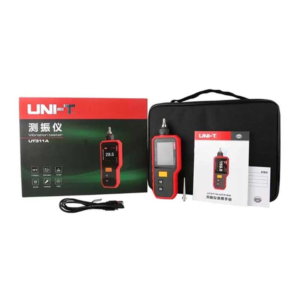Complete UNI-T UT311A digital vibration meter kit, showing the main diagnostic unit, measurement probe, battery, and protective carrying case for field service.