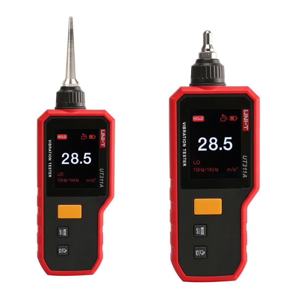 Close-up of the long and short piezoelectric sensor probes for the UNI-T UT311A, designed for testing various rotating equipment surfaces and hard-to-reach bearings.