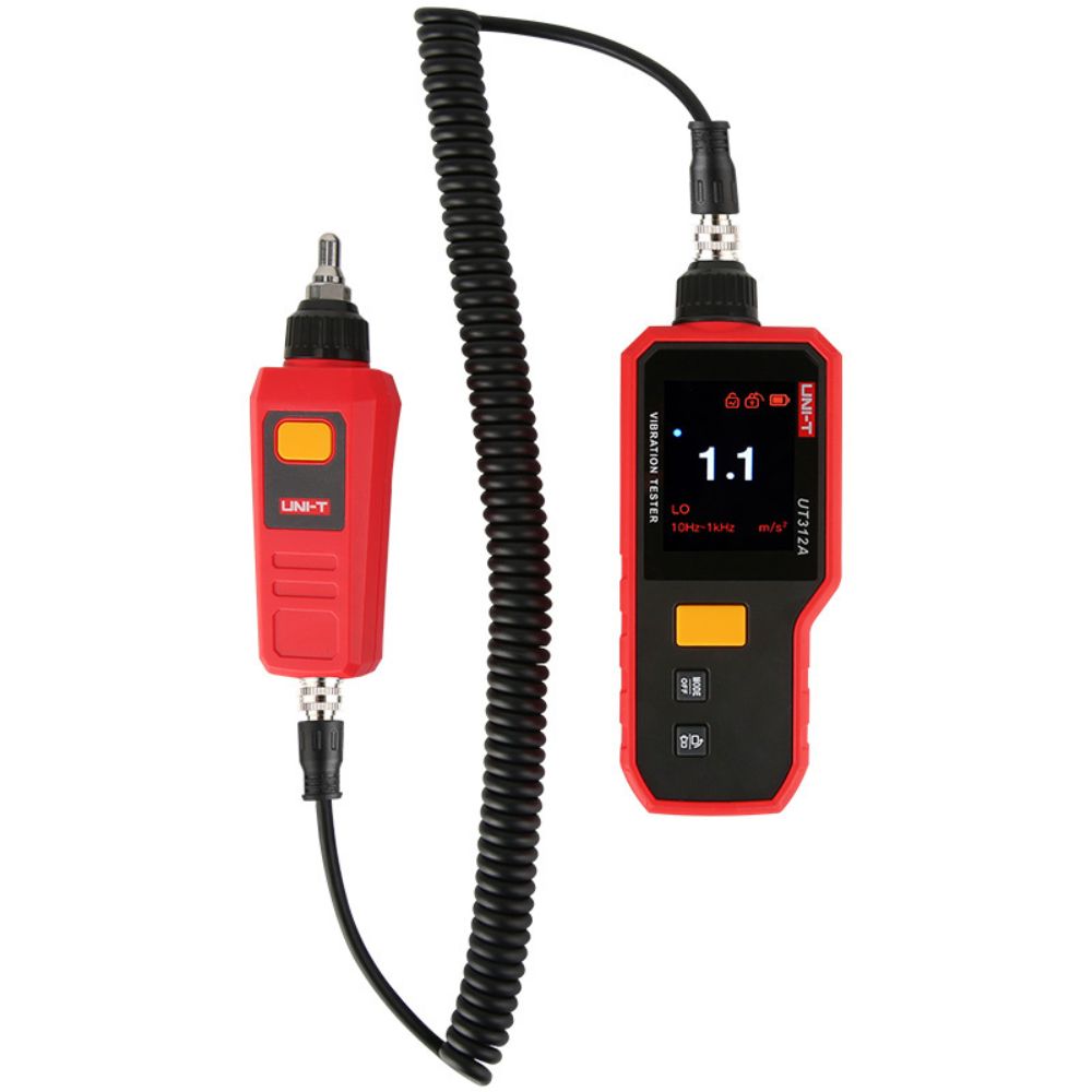 Front view of the UNI-T UT312A handheld vibration tester, showing the high-contrast digital display and control buttons for mechanical condition monitoring.