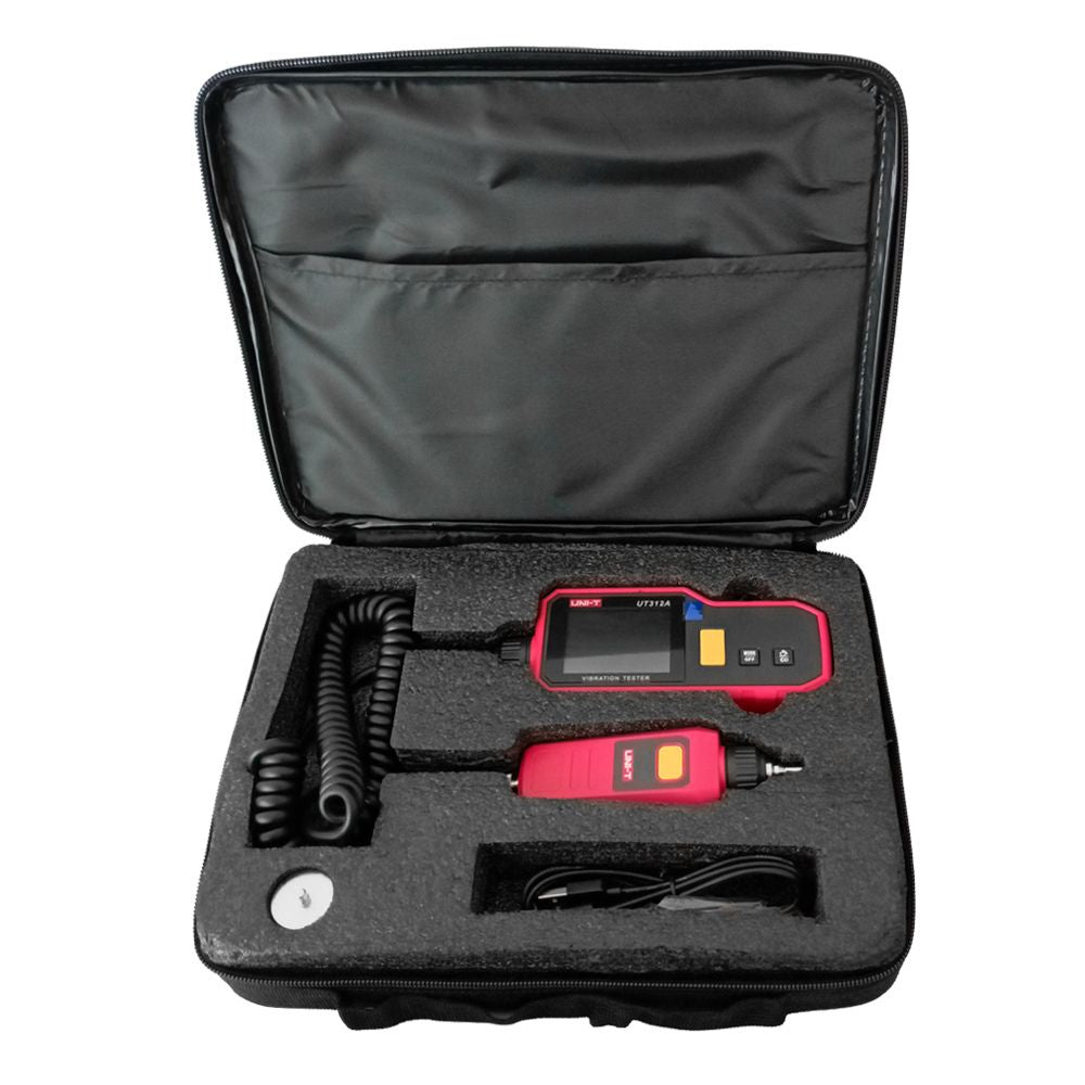 The UNI-T UT312A portable vibration tester securely arranged inside its protective carrying pouch, designed for safe transport during industrial plant inspections.
