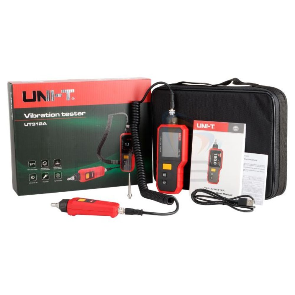 Complete UNI-T UT312A vibration meter kit, featuring the main portable testing unit, sensor probe, battery, and accessories for preventive maintenance.