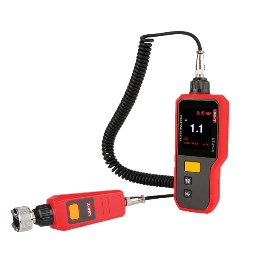 Close-up of the UNI-T UT312A digital vibration tester with the magnetic sensor probe connected, ensuring stable and highly accurate machinery readings.
