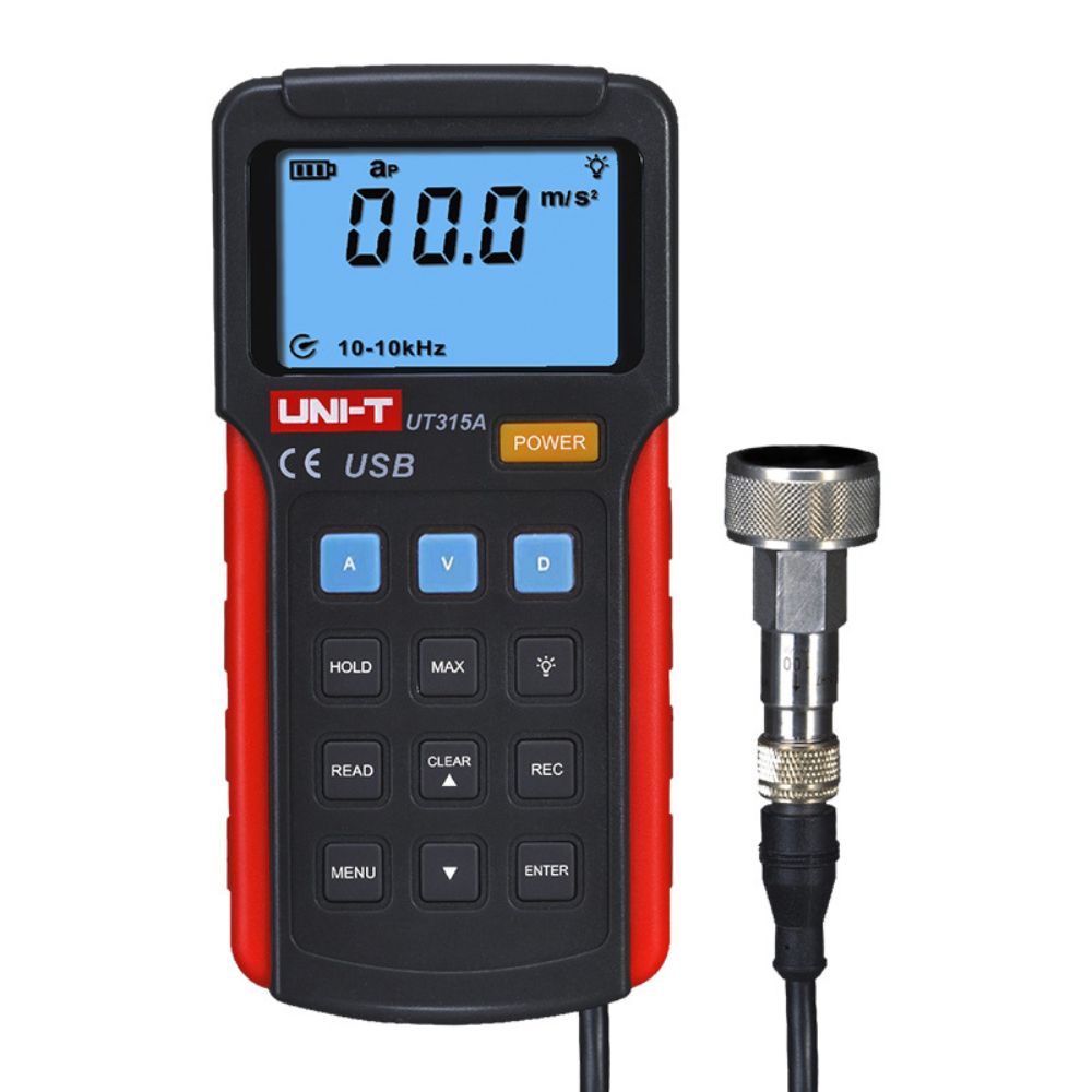 Front view of the UNI-T UT315A digital vibration tester, highlighting the large backlit LCD screen and interface buttons for industrial machinery diagnostics.