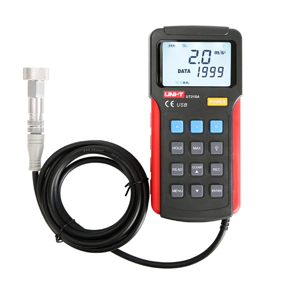 Close-up of the UNI-T UT315A digital vibration analyzer with the heavy-duty magnetic sensor probe connected, enabling highly accurate, hands-free data collection.