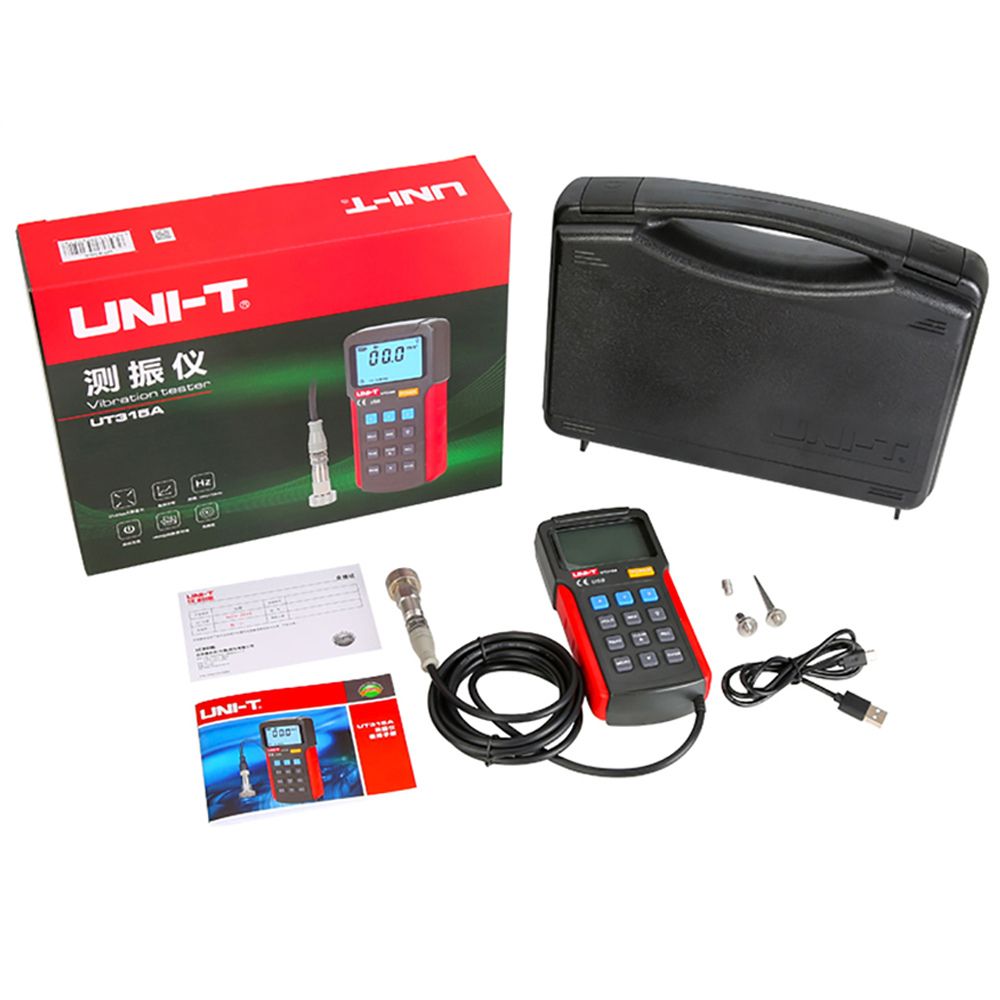 Complete UNI-T UT315A vibration meter kit, displaying the main unit, magnetic sensor probes, USB data logging cable, and PC software for predictive maintenance.