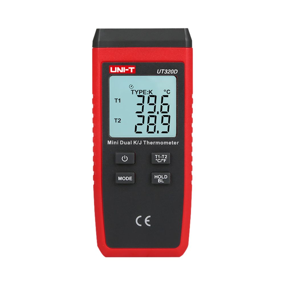 Front view of the UNI-T UT320D dual-channel thermocouple thermometer with digital display