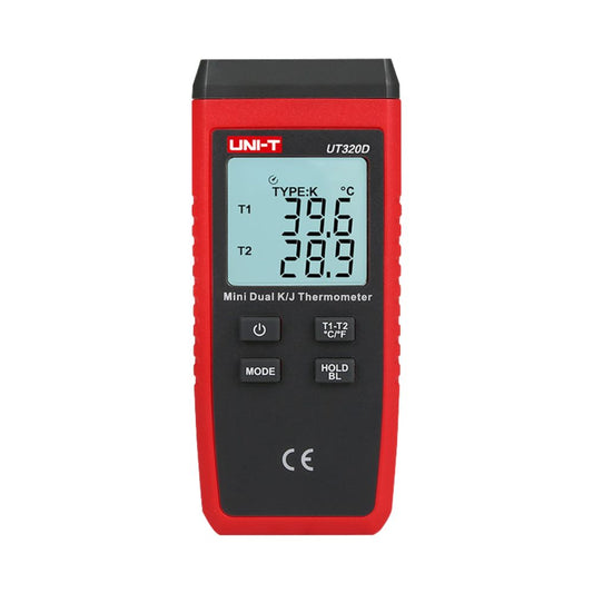 Front view of the UNI-T UT320D dual-channel thermocouple thermometer with digital display